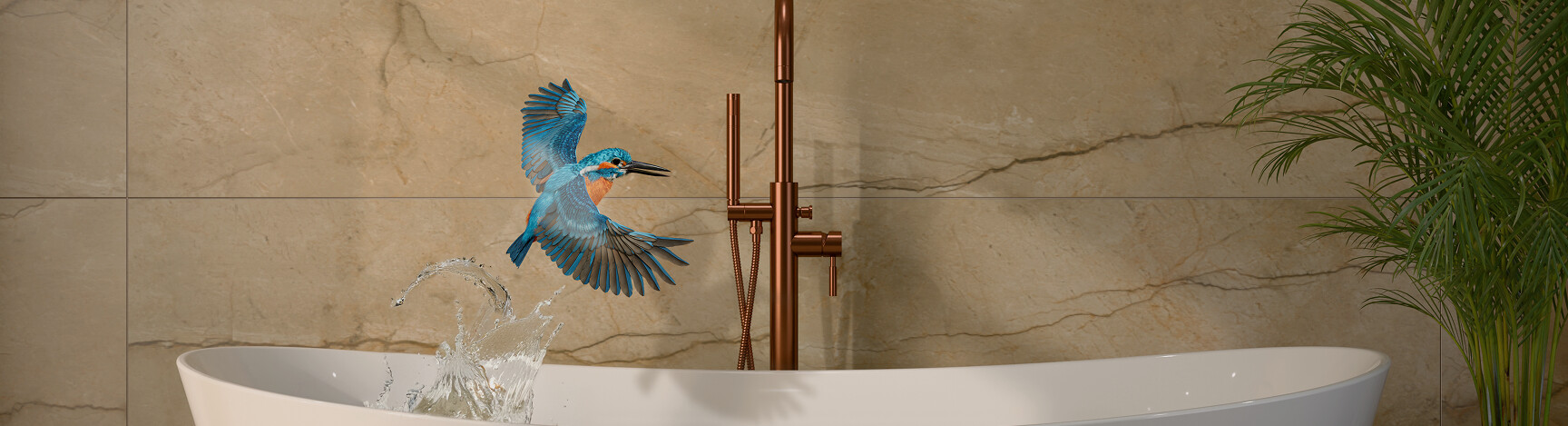 Maxaro topbanner-Klantenservice.png Vrijstaand wit bad met bronzen kraan, moderne badkamerstijl, decoratie met blauwe handdoek en groene planten.