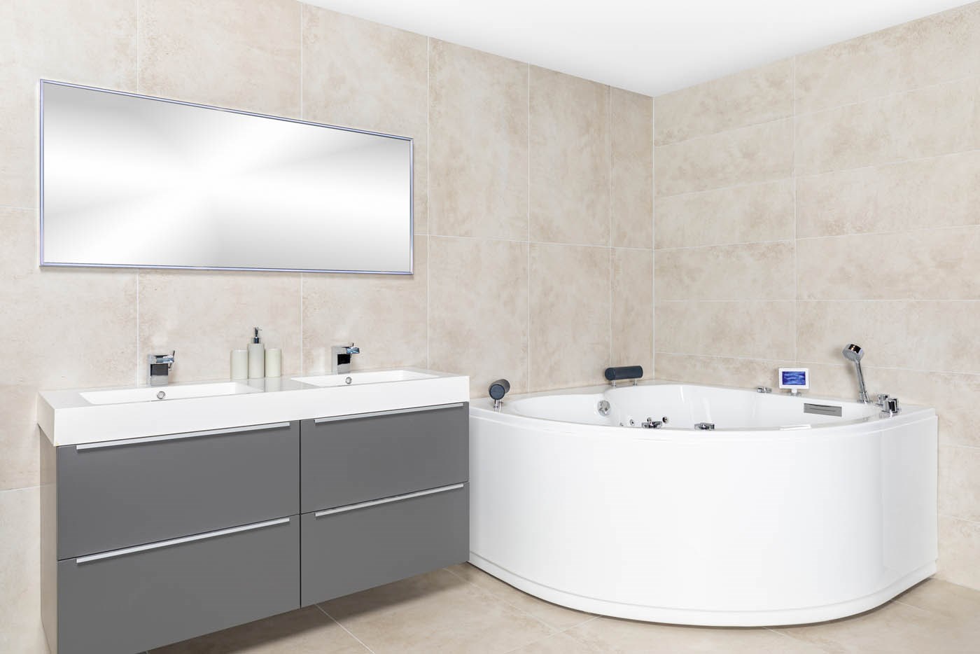 All about whirlpools: Whirlpool with grey bathroom unit