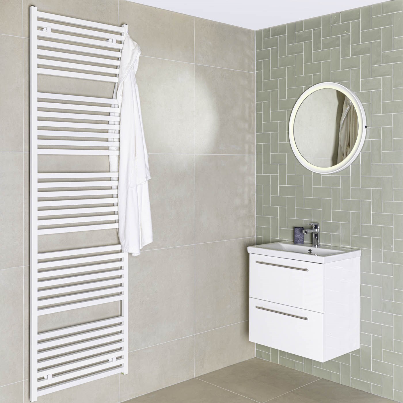 Radiator replacement: White towel radiator and white bathroom unit