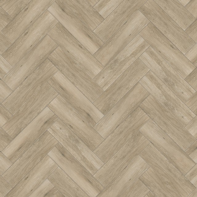 Fischgrät Badezimmer Bodenbelag in heller Holzoptik, PVC-Material mit warmen Beigetönen, langlebig und wasserbeständig.