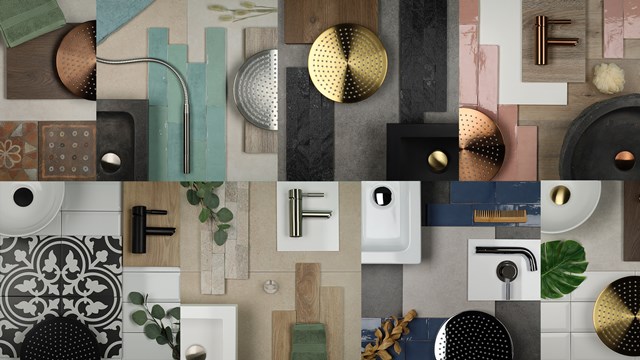 Kopafbeelding - Overzicht Moodboards.png Collage van luxe badkameraccessoires in diverse materialen en kleuren, zoals marmer, messing en keramiek.