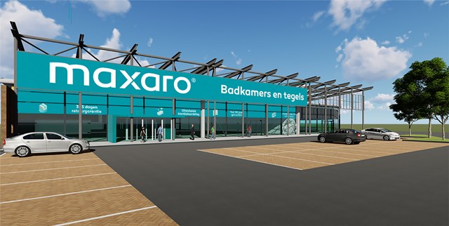 Maxaro showroom with modern architecture, turquoise facade and sunroof, specialising in bathroom products and furnishings.