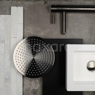 Black metal rain shower head with gradient design, stylish basin and marble details for a modern bathroom look.