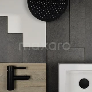 Zwarte regendouche, matzwarte wastafelkraan en grijze wandtegels in moderne badkamerstijl met minimalistisch design.