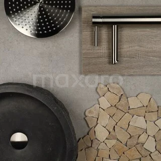 Black natural stone countertop wash basin, stainless steel tap on wooden worktop and mosaic tiles, ideal for modern bathroom design.