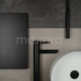 Matte black basin tap and accessories, modern design, next to a round white basin on a stylish bathroom tile finish.
