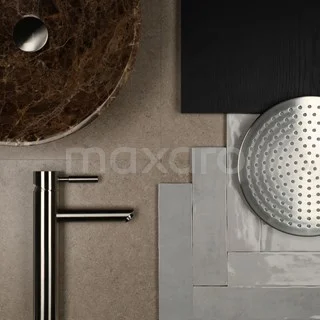 Marble basin in brown tones, metal tap and modern shower head design, perfect for a stylish bathroom.
