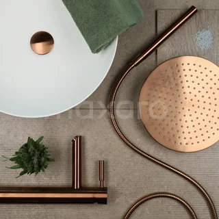 Copper rain shower set with round head shower, modern tap and accessories, perfect for a stylish bathroom.