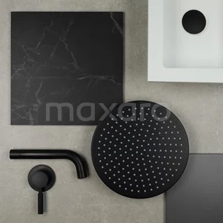 Black rain shower set with round design head and marble effect tiles, ideal for a modern bathroom style.
