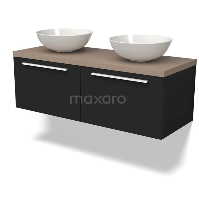 Schwarzes schwebendes Badezimmermöbel mit Holzlook Platte und doppelten weißen Aufsatzwaschbecken, modernes Design geeignet für großzügige Bäder.