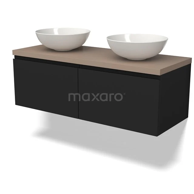 Zwevend Schwarz Badmöbel mit Holzlook Platte und doppelten runden Aufsatzwaschbecken, ideal für eine moderne Badezimmerinrichtung.