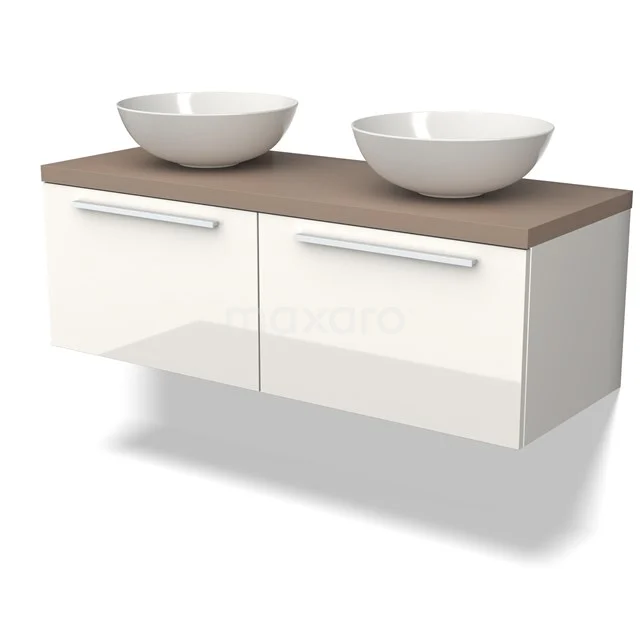 Modulo Plato Badkamermeubel voor waskom | 120 cm Hoogglans wit Vlak front Taupe blad 2 lades naast elkaar BMK12-01600