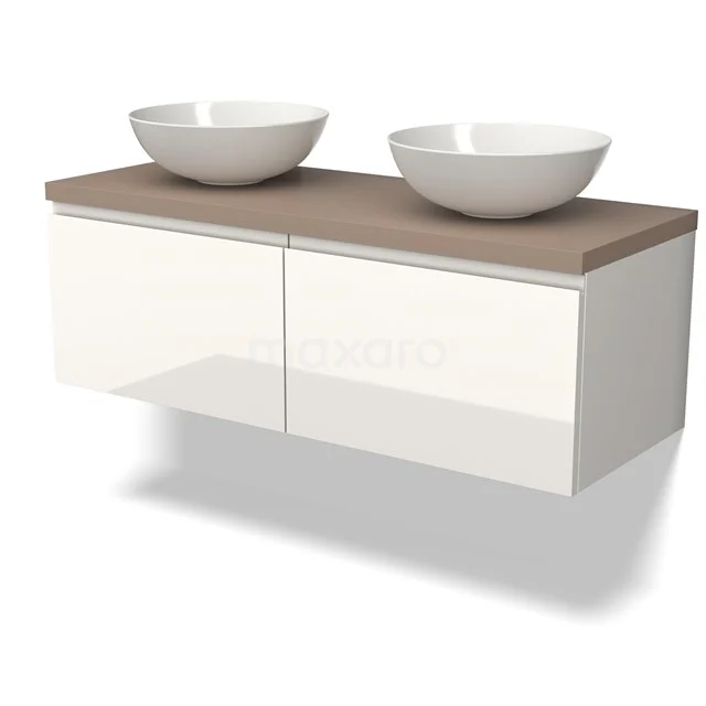 Waschtischunterschrank mit Konsole BMK12-01602 Weißes schwebendes Badezimmermöbel mit Holzplatte und zwei runden Waschbecken, elegantes und modernes Design für dein Badezimmer.