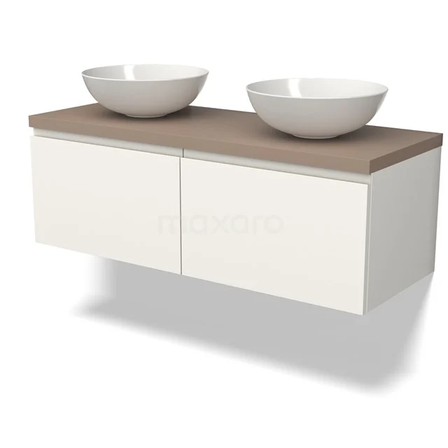 Modulo Plato Badkamermeubel voor waskom | 120 cm Mat wit Greeploos front Taupe blad 2 lades naast elkaar BMK12-01605