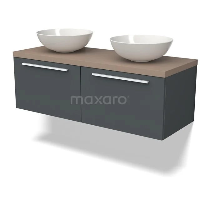 Double vanity unit, anthracite with wooden worktop, ceramic bowls, ideal for modern bathroom style.