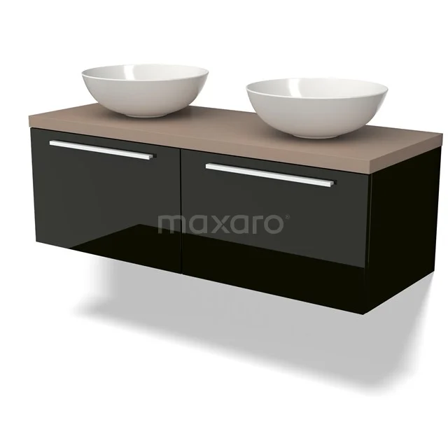 Zwevend Badmöbel Schwarz Hochglanz mit Holzlook Platte und doppelten weißen Aufsatzwaschbecken, modernes Design.