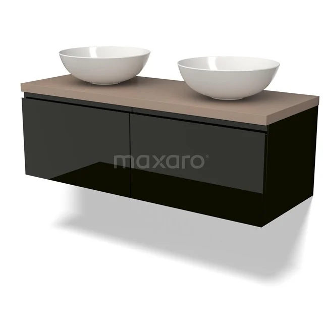 Modulo Plato Badkamermeubel voor waskom | 120 cm Hoogglans zwart Greeploos front Taupe blad 2 lades naast elkaar BMK12-01609