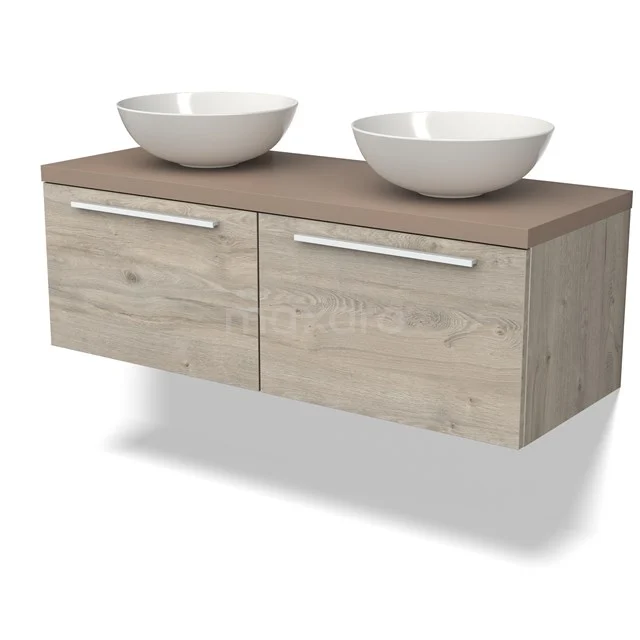 Waschtischunterschrank mit Konsole BMK12-01612 Holz Badezimmermöbel mit zwei weißen Aufsatzwaschbecken, modernes Design und zwei Schubladen, perfekt für stilvolle Badezimmerlagerung.