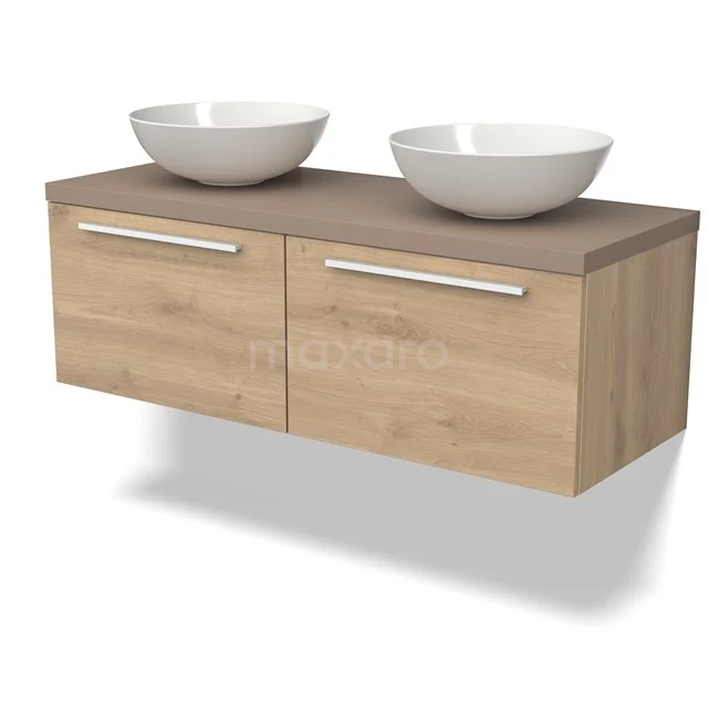 Modulo Plato Badkamermeubel voor waskom | 120 cm Lichtbruin eiken Vlak front Taupe blad 2 lades naast elkaar BMK12-01614