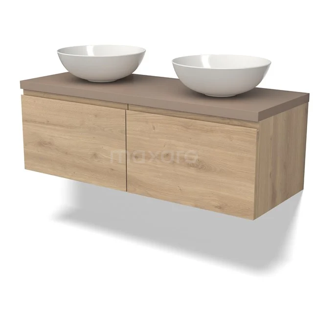 Modulo Plato Badkamermeubel voor waskom | 120 cm Lichtbruin eiken Greeploos front Taupe blad 2 lades naast elkaar BMK12-01616