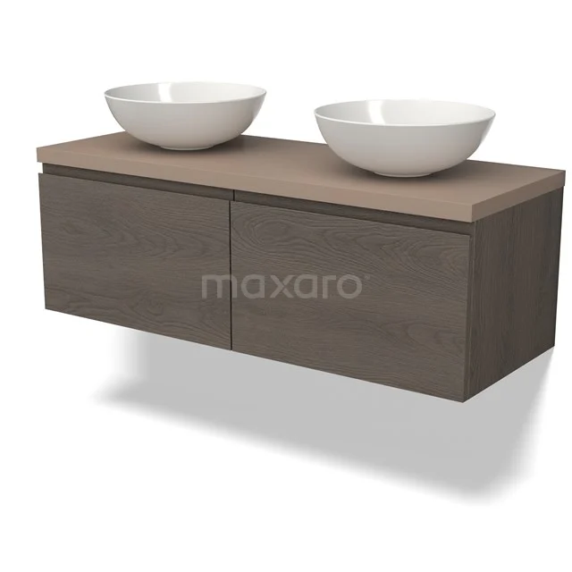 Modulo Plato Badkamermeubel voor waskom | 120 cm Donkerbruin eiken Greeploos front Taupe blad 2 lades naast elkaar BMK12-01622