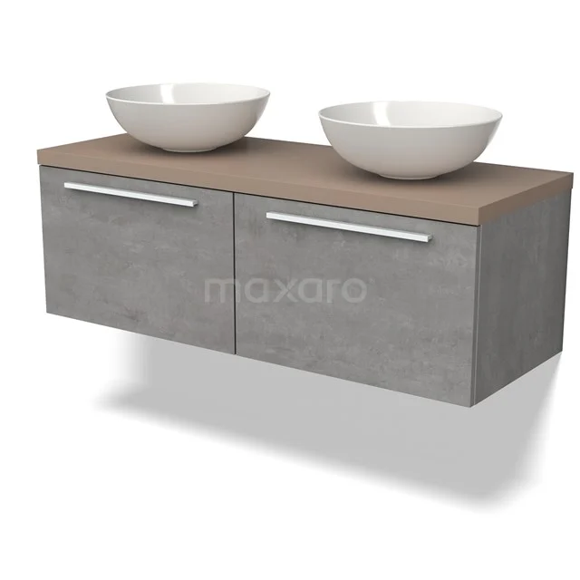 Modulo Plato Badmöbel mit Aufsatzwaschbecken | 120 cm Hellgrauer Beton Flach front Taupe blatt 2 nebeneinanderliegende Schubladen BMK12-01625 Graue schwebende Badmöbelset mit Holzlook Platte, doppelte weiße Aufsatzwaschbecken und Soft-Close Schubladen, modernes Design.