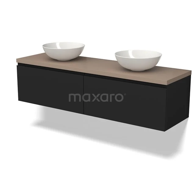 Schwarzes Holz-Waschtischmöbel mit doppelten weißen Aufsatzwaschbecken, schwebendes Design und Eichenplatte, perfekt für moderne Bäder.