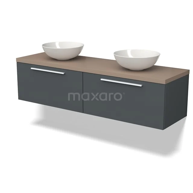 Waschtischunterschrank mit Konsole BMK12-01638 Dunkelgrau schwebendes Badezimmermöbel mit Holzlook Platte, doppelten Aufsatzwaschbecken und chromfarbigen Haltegriffen.