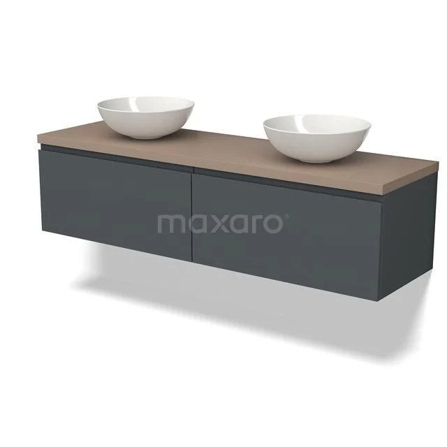 Zweites Badezimmermöbel Grau, Holzlook Platte, doppelte weiße Aufsatzwaschbecken; modernes Design mit großzügigen Schubladen.