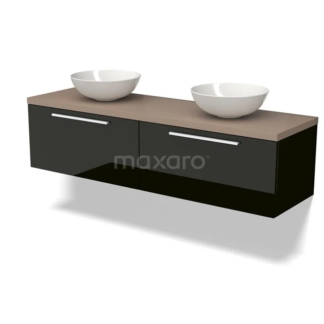 Zweites Schwarz Badezimmermöbel mit Holzlook Platte, Doppelwaschbecken und chromatischen Haltegriffen, modernes Design.