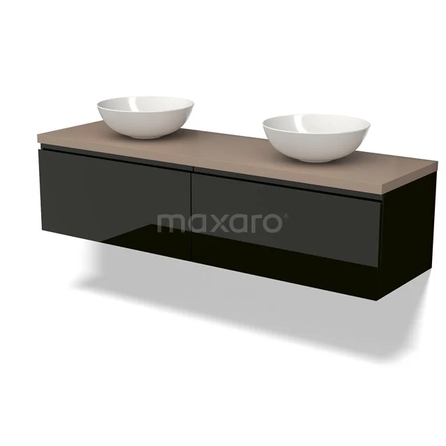 Zwevend Badmöbel mit Schwarz hochglanz Schubladen, Holzlook Platte und doppelten weißen Aufsatzwaschbecken, modernes und stilvolles Design.