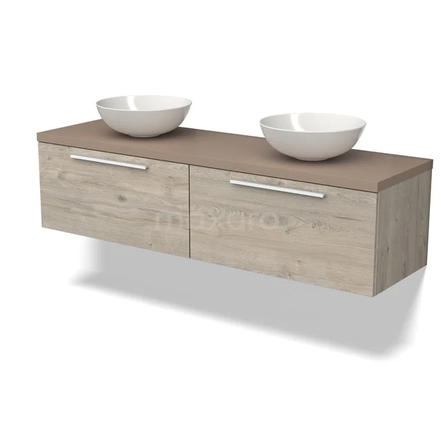 Modulo Plato Badkamermeubel voor waskom | 160 cm Lichtgrijs eiken Vlak front Taupe blad 2 lades naast elkaar BMK12-01644