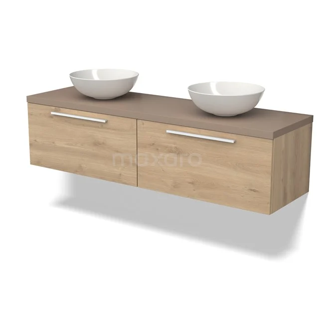 Modulo Plato Badkamermeubel voor waskom | 160 cm Lichtbruin eiken Vlak front Taupe blad 2 lades naast elkaar BMK12-01646