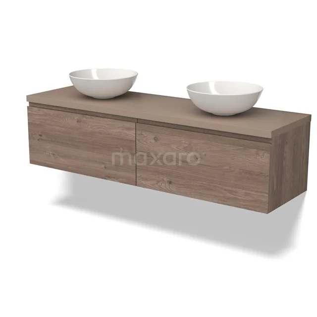 Modulo Plato Badkamermeubel voor waskom | 160 cm Middenbruin eiken Greeploos front Taupe blad 2 lades naast elkaar BMK12-01651