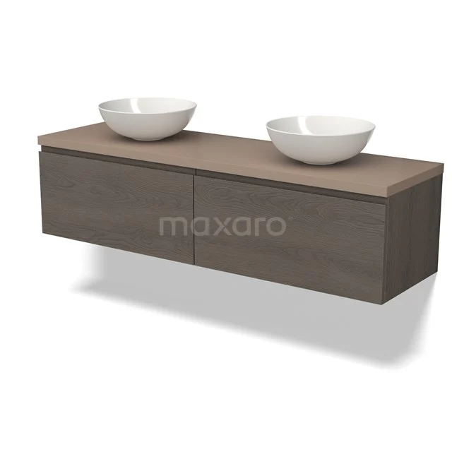 Wooden bathroom unit with two white vanity units with basins, modern floating design, ideal for a stylish and functional bathroom.