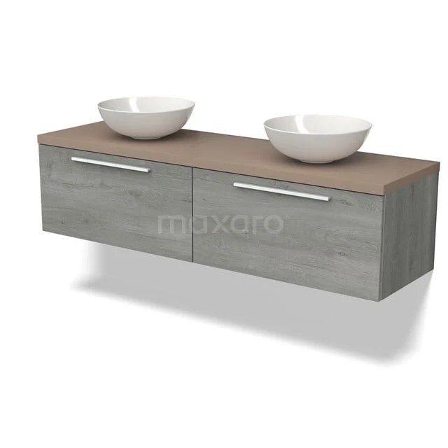 Modulo Plato Badkamermeubel voor waskom | 160 cm Grijs eiken Vlak front Taupe blad 2 lades naast elkaar BMK12-01655