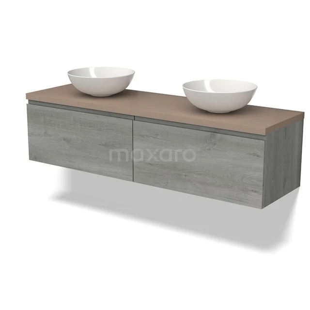 Wooden bathroom unit with floating design, double basin and grey chest of drawers, ideal for a modern bathroom.