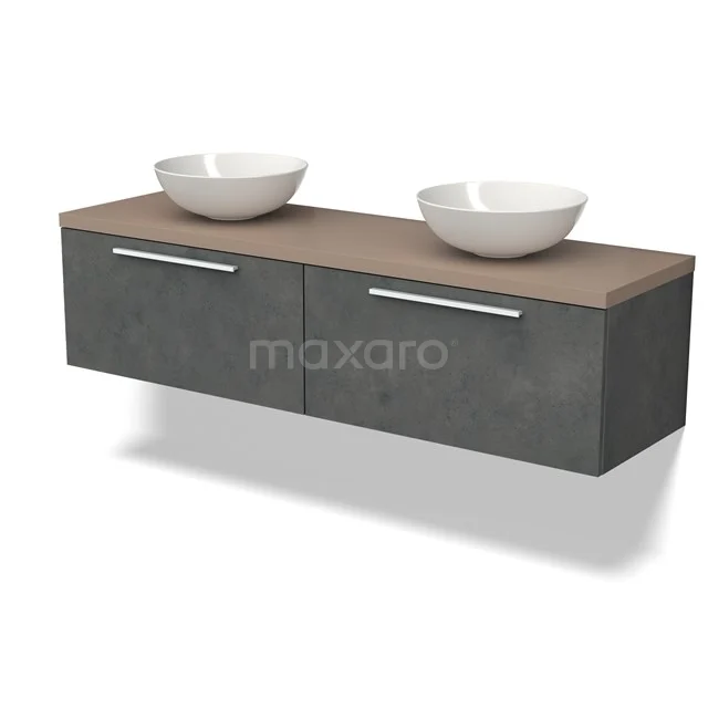 Modernes Badmöbel mit keramischem Doppelwaschbecken, grauen Betonlook Schubladen und holzfarbener Platte. Elegant und funktional.
