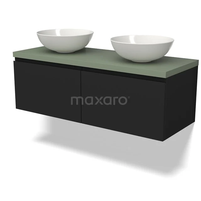 Schwarzes Holz Badezimmermöbel mit grünem Teppich und zwei weißen Aufsatzwaschbecken, modernes Design, ideal für ein stilvolles Badezimmer.