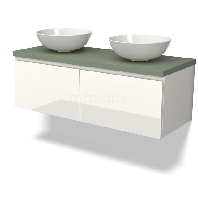 Weißes hängendes Badezimmermöbel mit grünem keramischen Platte, zwei runden Waschbecken, modernes Design.
