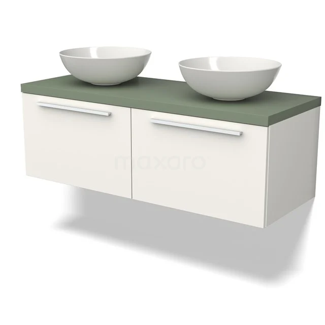 Weiße Badmöbelset mit grünem Platte, zwei runden keramischen Waschbecken und Schubladenlagerung, modernes Design.