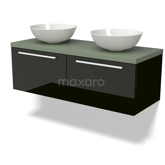 Schwarzes schwebendes Badmöbelset mit grünem Glas-Waschtischplatte und zwei weißen Schalen; modernes Design für luxuriöse Bäder.