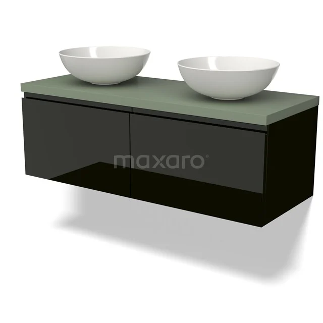 Modulo Plato Vanity units for countertop basin | 120 cm High-gloss black Handle-less front Sage green worktop 2 Side-by-side drawers BMK12-01673