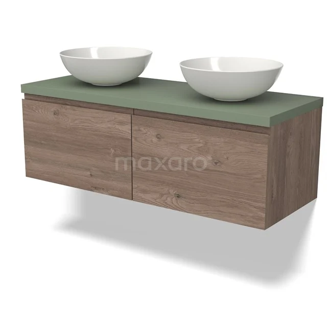 Modulo Plato Vanity units for countertop basin | 120 cm Mid brown oak Handle-less front Sage green worktop 2 Side-by-side drawers BMK12-01683