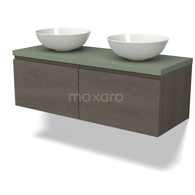 Wooden bathroom unit with two white countertop wash basins, green worktop and hanging design; modern and space-saving.
