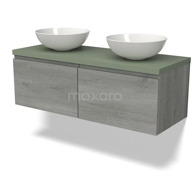 Hölzernes Badezimmermöbel in grauer Eichenoptik mit grünem Platte und zwei weißen Waschbecken, modernes und schwebendes Design.