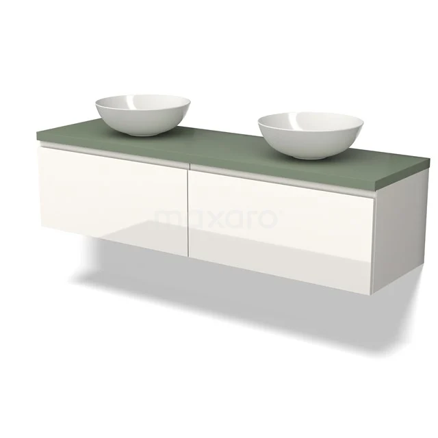 Modulo Plato Vanity units for countertop basin | 160 cm High-gloss white Handle-less front Sage green worktop 2 Side-by-side drawers BMK12-01698