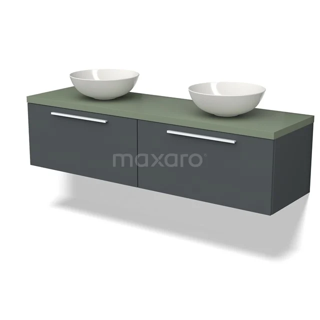 Dunkelgrünes hängendes Badezimmermöbel mit zwei Aufsatzwaschbecken, grifflosen Schubladen und einem schlichten, modernen Design.