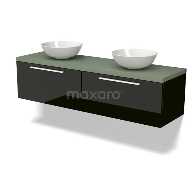 Waschtischunterschrank mit Konsole BMK12-01704 Schwarze Badmöbelset mit Glaswaschtischplatte und zwei runden weißen Waschbecken, ideal für moderne Badezimmerinrichtungen.