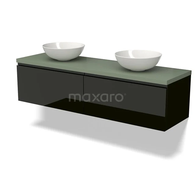 Zweites Badezimmermöbel Schwarz, doppelte Aufsatzwaschbecken, mattes Glas Platte, modernes Design. Perfekt für stilvolle Badezimmergestaltung.